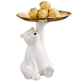 WAYUTO Resin Polar Bear Sculpture with Metal Tray Animal Figurine Ornament Standing Statue Candy Dish Decorative Tray for Keys Home Office Table Desk Decoration Bear