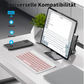 EasyAcc Bluetooth-Tastatur, kabellose Bluetooth-Tastatur kompatibel mit Windows/Android/iOS, Tastatur mit QWERTZ Deutsches Layout Tablets, Tastatur mit 80cm Tape-C-Kabel, Roségold