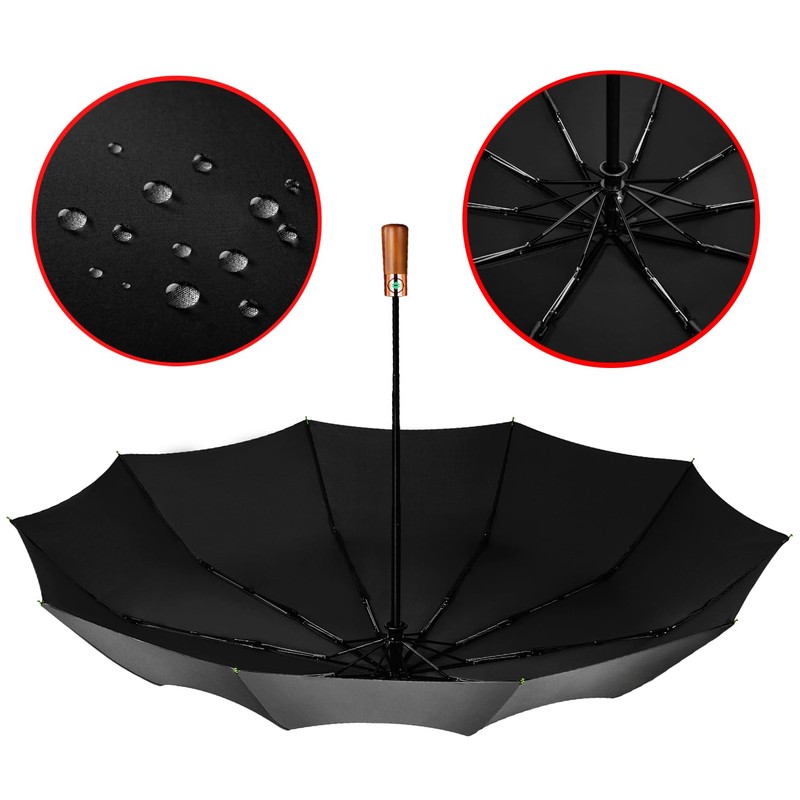 Yaneno Windproof Travel Folding Umbrella Compact Light Real Wood Handle