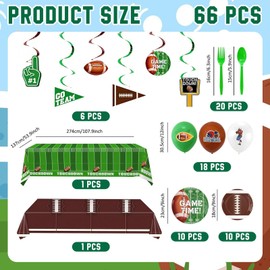 66Pcs Football Party Supplies Kit, Include Plates Forks Spoons Touchdown Tablecloth Hanging Swirl Balloons, for Tailgate Superbowl Party, Football Birthday, Game Day Party
