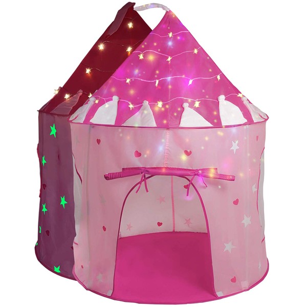 LimitlessFunN Kids Play Tent with Star Lights Bonus Carrying Case [ Pop Up Portable Glow in The Dark Stars Pink ] Princess Castle Playhouse for Girls & Boys, Indoor & Outdoor