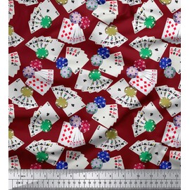 Soimoi 58 Inches Wide Fabric Rayon Viscose 115 GSM Poker Card Print Craft by The Yard-Maroon