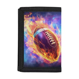 Tiasarato Kids Wallets Outdoor Sports Wallet for Boys Teenager Trifold Money Organizer Polyester Credit Card Holder, Fire American Football