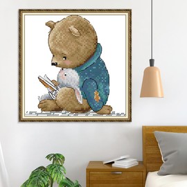 CROSSDECOR Stamped Cross Stitch Kits,Animals Counted Cross-Stitch Needlepoint Kits for Beginners,Embroidery Kit Arts and Crafts for Home Wall Decor Gifts-Reading Bear 17×17CM