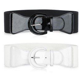 WERFORU 2 Pack Women Wide Stretchy Belt Elastic Cinch Belt Retro Stylish Elasticated Waist Belt for Dresses Black/White
