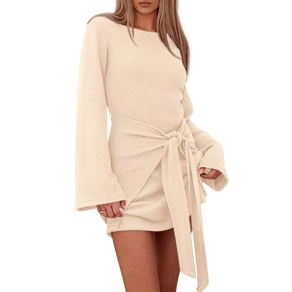dowerme Women's Casual Mini Dress 2025 Bell Long Sleeve Boat