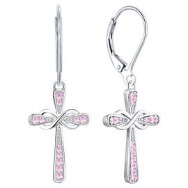 YL Cross Earrings Sterling Silver Infinity Dangle Drop Earrings Created Pink Tourmaline Criss Leverback Jewelry for Women