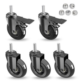MALLLALA Caster Wheels Sets 5 (2 w Safety Dual Brakes,3 No Brake),3 inch Heavy Duty Swivel Castors with 3/8"-16UNC Threaded Stem,No Noise Rubber Wheel,Protection of Hardwood,Carpet,Fit Chair,Workbench