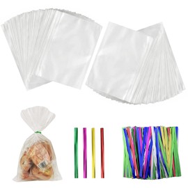 Cello Cellophane Treat, 8 X 12 Inches Big OPP Clear Plastic Bags For Bakery, Candies, Dessert with 6 Colors Twist Ties(100 Pieces Bags + 100 Pieces Twist Ties) (100, 8 X 12)