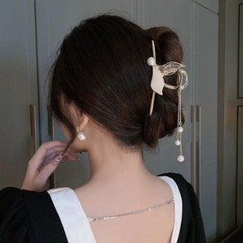 fdsmall Gold Hair Clips for Women Metal Rhinestone Pearl Hairpin Fish Tail Tassel Claw Clips Large Hair Jaw Clamp Accessories Headdress Hairpin for Thick Hair (01)