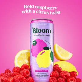 Bloom Nutrition Bloom Nutrition Sparkling Energy Drink for Focus, Natural Caffeine, Zero Sugar, 180mg Caffeine, Antioxidant-Rich with Green Coffee Bean, Green Tea Extract, & Prebiotics, Raspberry Lemon 12oz 12 Pack