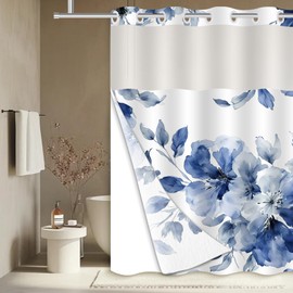 Uhexoyo No Hook Shower Curtain with Snap in Liner Floral Shower Curtain Fabric Waterproof Inner Liner Modern Abstract Navy Blue Flower Bathroom Shower Curtain Set Machine Washable 71 x 74in
