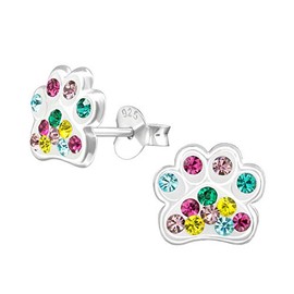 Cat Dog Paw Print Earrings with Crystal Stones - Colourful Rainbow - 925 Sterling Silver - Aurora Borealis