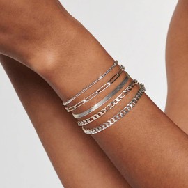 Gokeey Reoxvo Silver Bracelets for Women, Dainty Silver Bracelets for Women Trendy S925 Sterling Silver Chain Bracelet Set Simple Stack Everyday Fashion Jewelry Adjustable 5Pcs