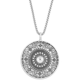 HAQUIL Vintage Tibetan Mandala Flower Necklace for Women, Silver Round Mandala Charm Necklace, Antique Floral Statement Pendant Necklace, Women Jewelry Gift