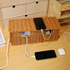 VICAMB 2 PCS Handmade Cable Management Box,Rattan Cord Organizer Box with Lid,4 Open Slots Cords Hider Box Storage Cable Organizer Box to Hide Power Strips and Cords for TV Computer USB Hub