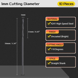 CoCud Drill Bit, 1mm Cutting Diameter, 4241 HSS Nitriding Black 118° Cutting Angle Versatile Bits - (Applications: for Drilling Plastic Wood Soft Metal), 10-Pieces