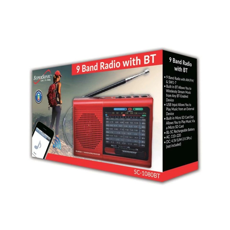 Supersonic 9 Band Radio w Bluetooth, USB & Micro-SD for