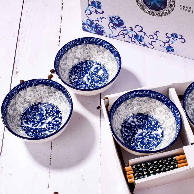 BOSILI Chinese Blue and White Ceramic Rice Bowls and Chopsticks