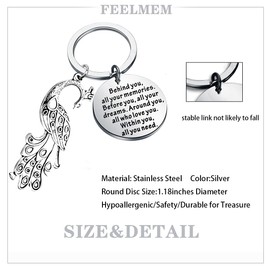 FEELMEM Inspirational Peacock Gift Behind You All Your Memories Peacock Charm Keychain Peacock Lover Gift Animal Spirit Gift