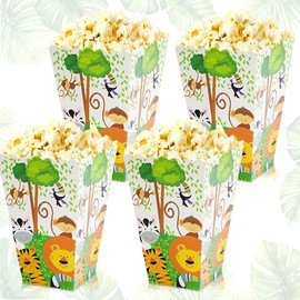 BACH AND BOUJEE 16 PCS Jungle Safari Popcorn Boxes Safari Animal Candy Goodie Boxes Bags for Wild One Jungle Baby Shower Decorations Birthday Party Favors Bags