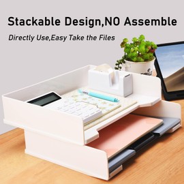 2 Tier Stackable Letter Tray, Desktop Paper Tray File Organizer, PET Office Paper Sorter Tray, Stacking Support Desk File Tray for A4 Papers, Documents, Magazines, Books (White)