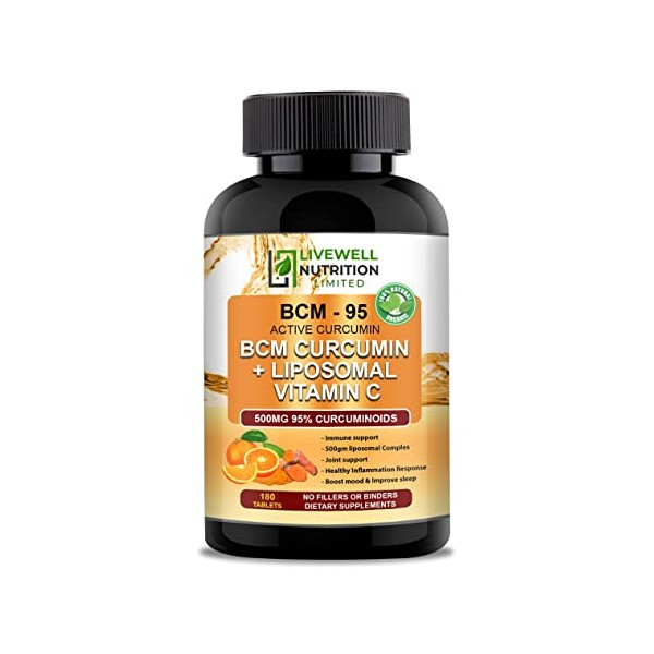 BCM - 95 Active Curcumin + Liposomal Vitamin C with Bioflavonoids Zinc and BioPerine Advanced Formula 180 Tablets,1000mg (Raw Curcumin Extract with Turmeric rhizome suitable for vegans