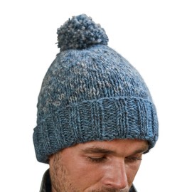 Pachamama Men Wool Beanie Bobble Hat Fleece Lined Handknitted Two Tone Pattern One-Size Handmade Extra Warm Fair Trade (Wool, Steel)