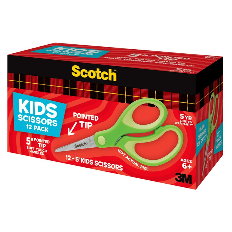 Scotch 5" Soft Touch Pointed Tip Kids Scissors, 12 Count