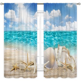 Cinbloo Tropical Ocean Beach Curtains for Bedroom Rod Pocket 42Wx63L Inch Nautical Coastal Sea Starfish Seashell Landscape Summer Scenery Seascape Hawaiian Living Room Window Drapes Fabric 2 Panel