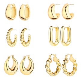 6 Pairs 14K Gold Plated Hoop Earrings for Women Lightweight Chunky Hoop Earrings Multipack Hypoallergenic, Thick Open Twisted Huggie Hoops Earring Set Jewelry for Gifts. (Gold)
