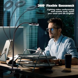 LuxLumin LED Desk Lamp with Clamp for Video Conference Lighting, USB Light for Laptop Zoom Meeting, Clip on LED Ring Light for Computer Webcam Lighting Dimmable Black