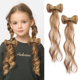 LyoRuSi 14 Inch Curly Wavy HairPieces 2 Pack Bow Alligator Clip Extension Natural Curly Ponytail Hair Extension Party Hair Styling for Women Girls 18H85#