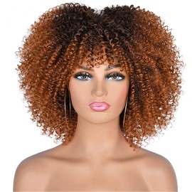 Lizzy 10 Inch Afro Curly Wigs for Black Women Synthetic Afro Wig with Bangs Heat Resistant Short Kinky Curly Wigs for Cosplay and Daily (Black to Brown)