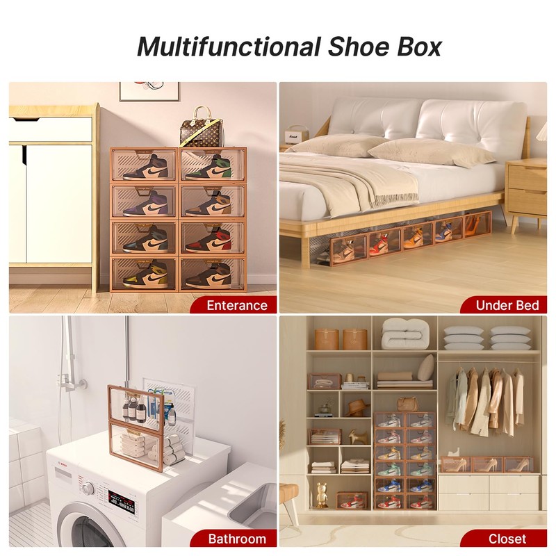 Foluck Large Display Shoe Storage Box, 8 Pack Clear Plastic