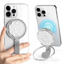 GUDOU Magnetic Suction Cup Phone Mount, Magnetic Phone Grip Holder Kickstand, Adjustable Removable Stand, Magnetic Grip with Silicone Loop Strap, Magnetic Grip Holder for All Phones (White)