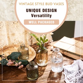 WILDMOS Glass Bud Vase Set of 3, Small Flower Vases for Decorative, Gradient Glass and Embossed Style Mini Glass Bottles for Home Decor, Vintage Glass Bottles for Centerpiece 3.3"-5.2''H(Green)