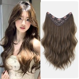 YIYU One-touch V Hair Extension, Collar Wig, Long, Straight Hair Extension, Half Wig, One Touch Wig Part (Ash Brown, 21.7 inches (55 cm)