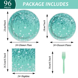 96 Pieces Teal and Silver Tableware Set for Happy Birthday Table Decorations Breakfast Blue Birthday Theme Dessert Plates Napkins Forks for 24 Guests Girls Women Silver Glitter Birthday Party Supplies