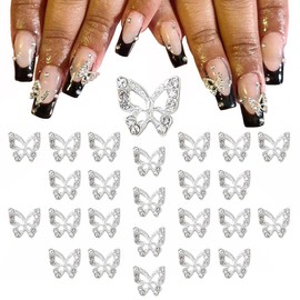qiipii 24pcs Silver Butterfly Nail Charms Bulk 3D Charms for Acrylic Nails, Butterflies Nail Rhinestones Charms Nail Alloy Studs Nail Art Jewels Diamonds Gems Decor Supplies for Nails Face Makeup DIY