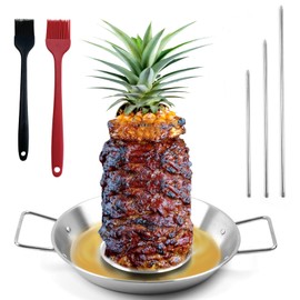 Fengzhe Al Pastor Skewer for Grill：Stainless Steel Vertical Skewer, Brazilian Spit Stand with 3 Spikes,2 Brushes,Ideal for Tacos Al Pastor,Shawarma, Kebabs on Smoker, Oven,with Fat Separator Tray