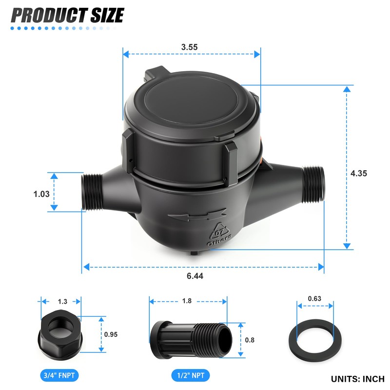 MEANLIN MEASURE Plastic 1/2" NPT Couplings Water Meter Gallon Cold