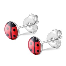 Small Red Enamel Beetle or Ladybird 925 Sterling Silver Stud Earrings, enamel