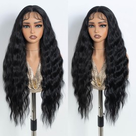 NOBLE Long Wavy Lace Front Wig Black Lace Wigs for Women 30 Inch Middle Part Synthetic Wig Heat Resistant Fiber Wigs for Daily Party Use