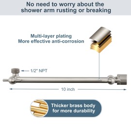 BRIGHT SHOWERS Brass Shower Head Extension Arm for Rain and Handheld Shower Head, 10 Inch Universal Shower Arm Extender, Height & Angle Adjustable, Brushed Nickel