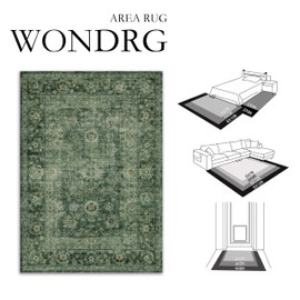 WondRg 6x9 Washable Dark Green Vintage Area Rug for Living Room Bedroom Distressed Rustic Carpet Non-Slip Low Pile Lightweight Vacuumable Soft Throw Rug for Indoor Dining Room Office