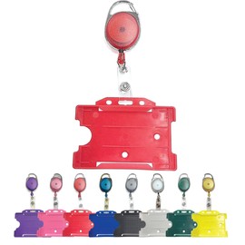 PCL Media ltd Red Retractable Badge Reel with Carabiner Clip and Red ID Card Holders, Open-Faced Rigid ID Badge Holder - Holds One ID Card Ski Pass Holder