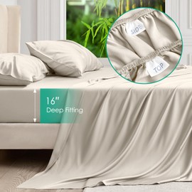 Vipfree Full Sheet Set, 100% Rayon Derived from Bamboo, 4-Piece, 16 Inch Deep Pockets, Cooling Sheets for Full Size Bed Set, Breathable & Silky Soft, Hotel Bedding Sheets & Pillowcases, Sand