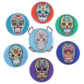 KUHPLOVE 6 Pcs Painting by Numbers Table Coasters with Holder, DIY Skull Coaster for Drinks Art Kits Non-Slip Cute Coaster for Beginners, and Adults Art Craft Supplies (Skull)