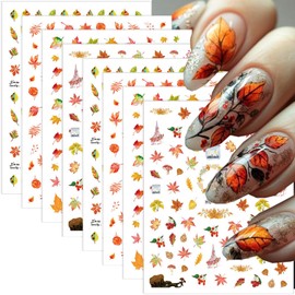 8 PCS Fall Nail Stickers for Nail Art 3D Self Adhesive Autumn Maple Leaf Design Nail Art Decals Thanksgiving Day Salon Accessories Cute Manicure Sticker for Women Holiday DIY Acrylic Nails